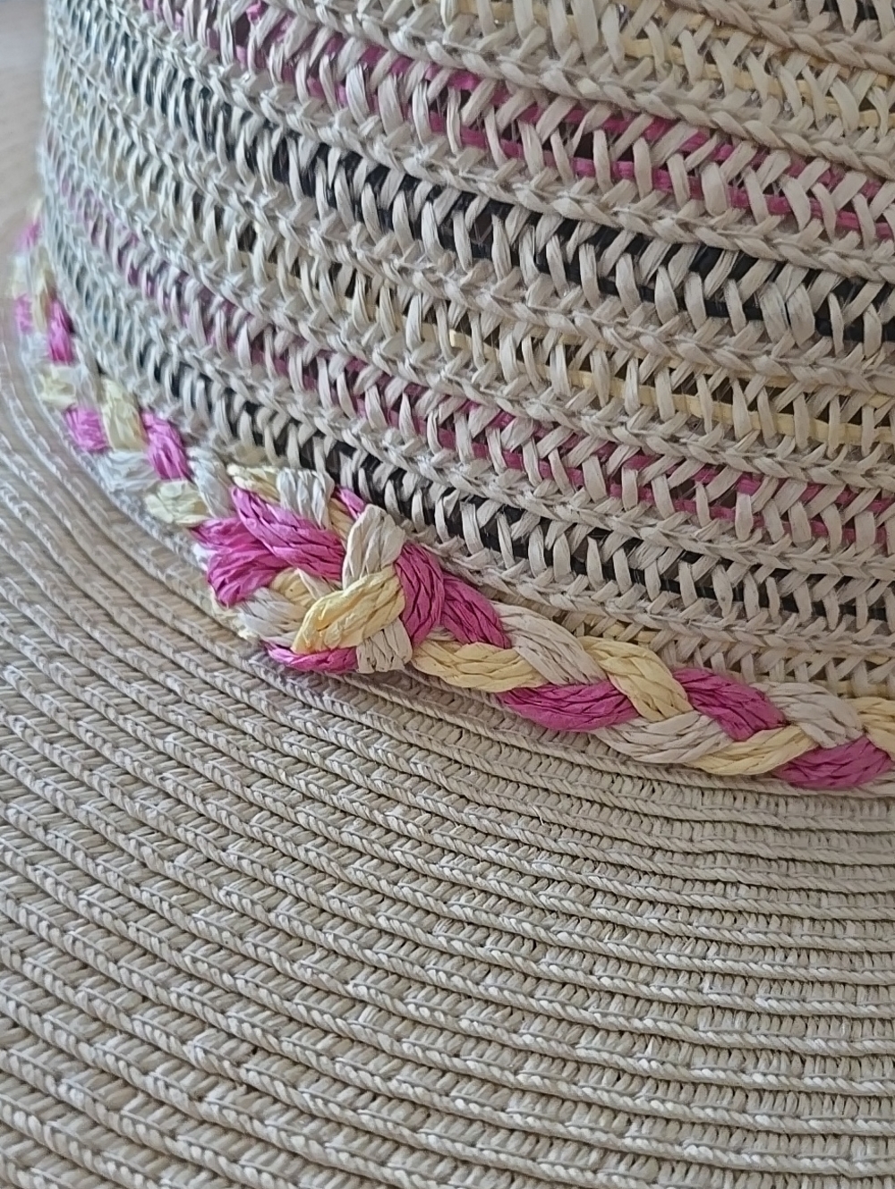 Fedora Braided Sun Hat Pink Yellow Braided Band Cream Tan Festival Vacation - Picture 2 of 16